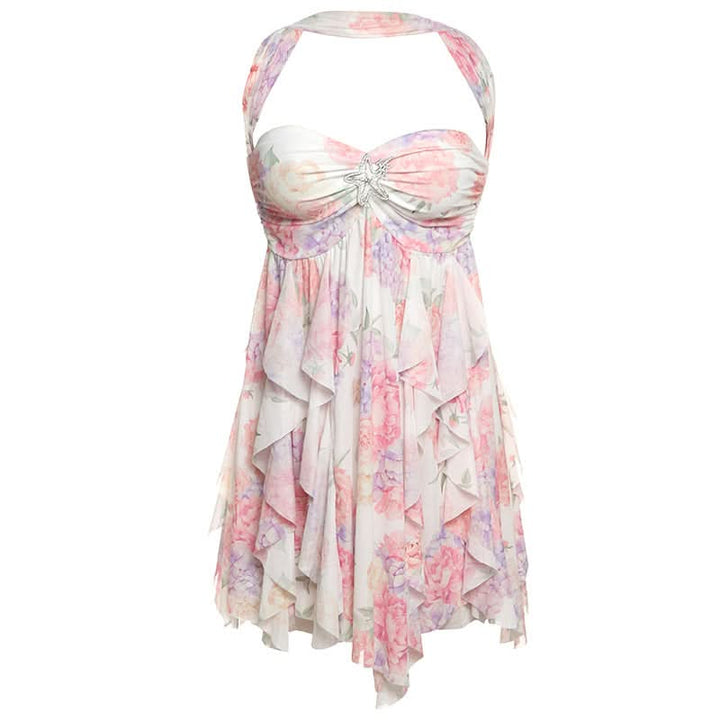 Halter ruched flower print ruffle mini dress  | Festival Outfits Women