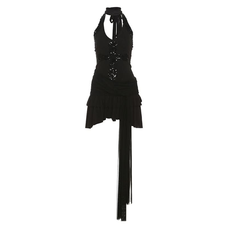 Glitter halter self tie v neck solid mini dress  | Festival Outfits Women