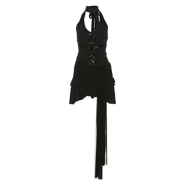 Glitter halter self tie v neck solid mini dress  | Festival Outfits Women