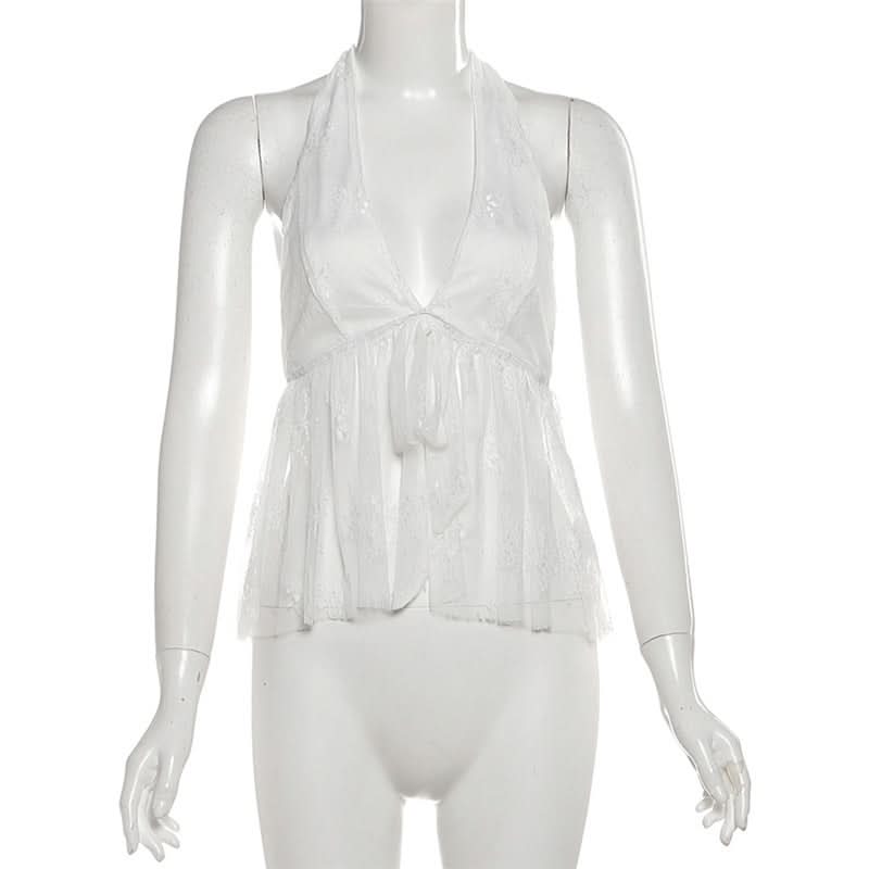 Halter self tie v neck lace backless top  | Festival Outfits Women