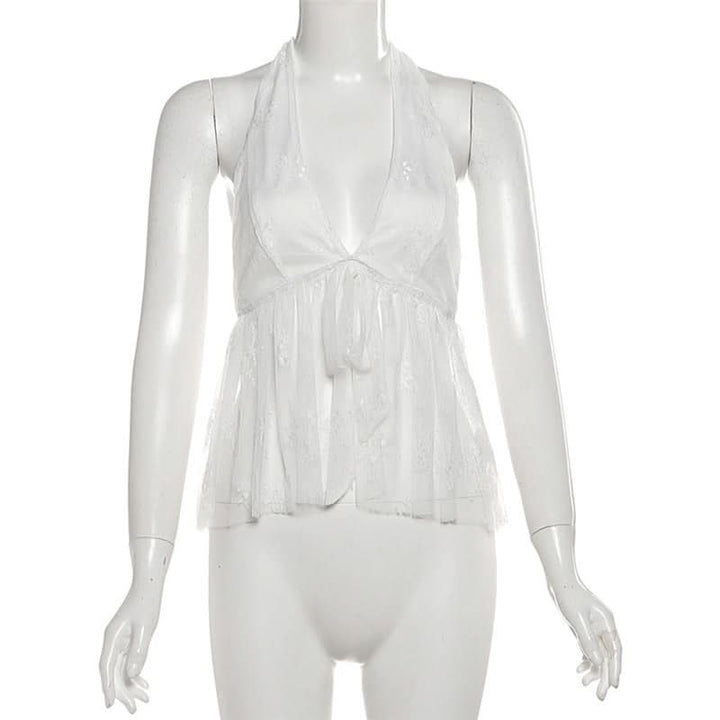 Halter self tie v neck lace backless top  | Festival Outfits Women