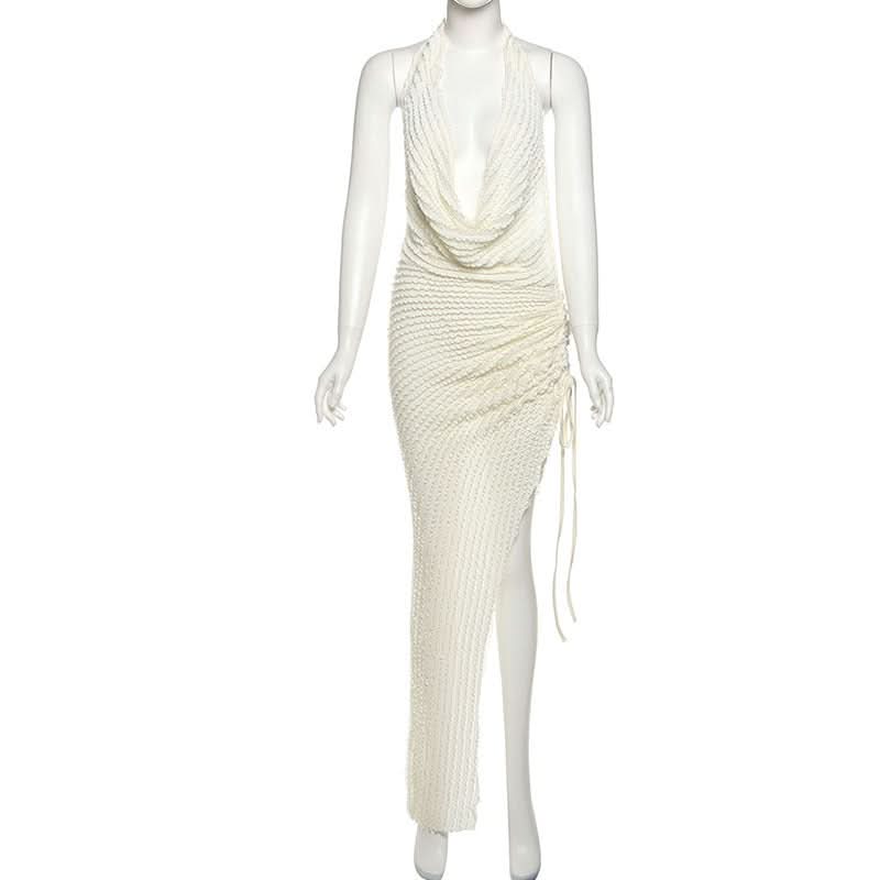 Cowl neck halter ruched slit irregular midi dress  | Festival Outfits Women