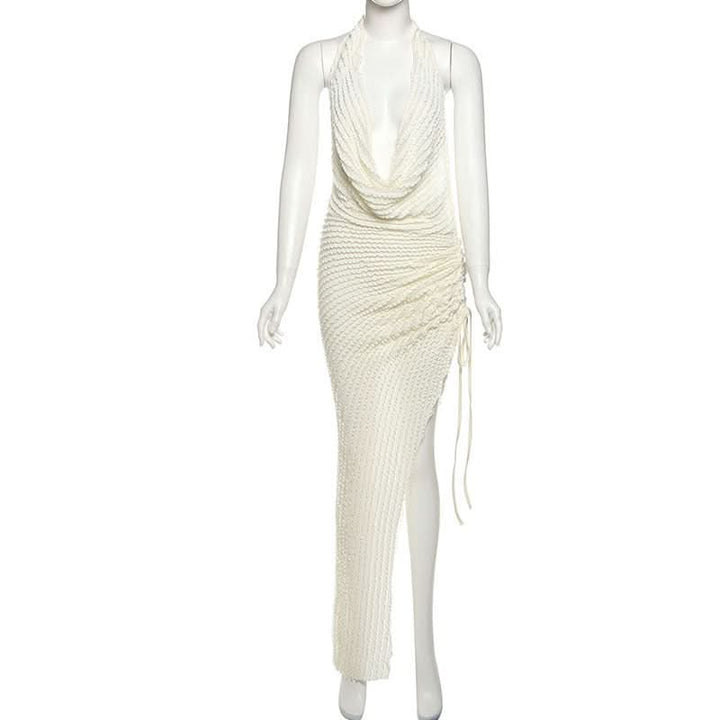Cowl neck halter ruched slit irregular midi dress  | Festival Outfits Women