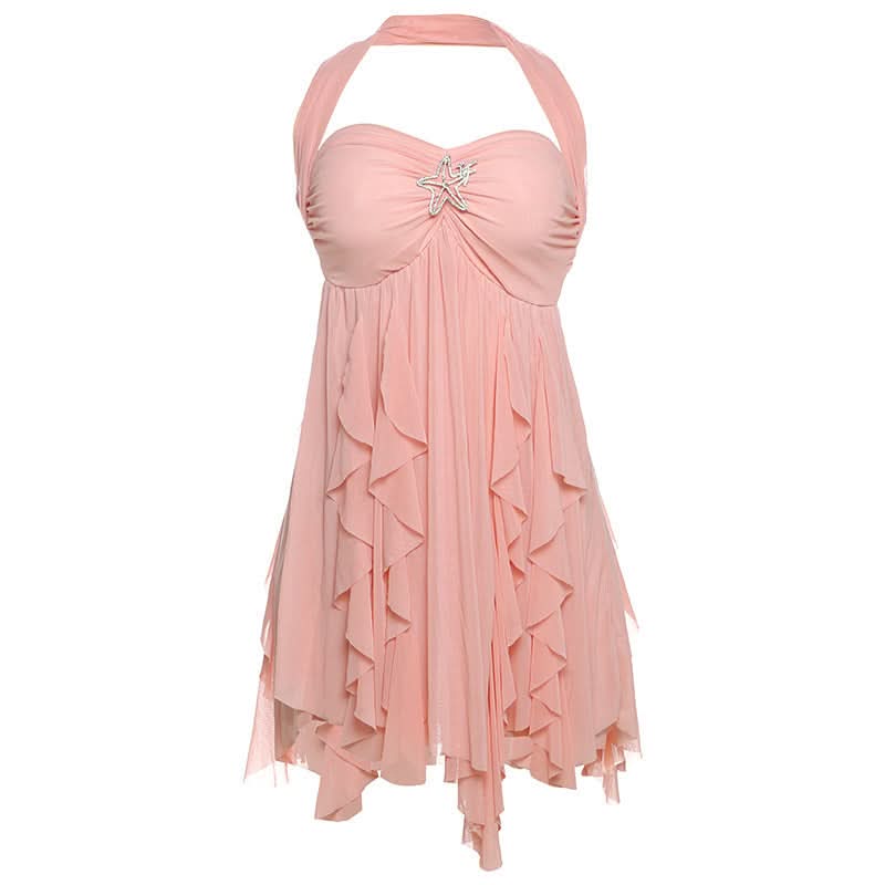 Halter ruched flower print ruffle mini dress  | Festival Outfits Women