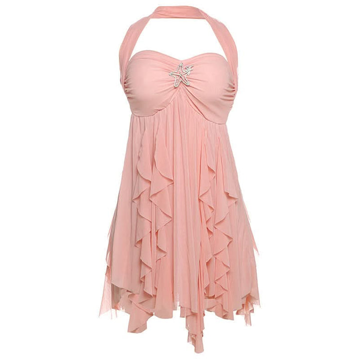 Halter ruched flower print ruffle mini dress  | Festival Outfits Women