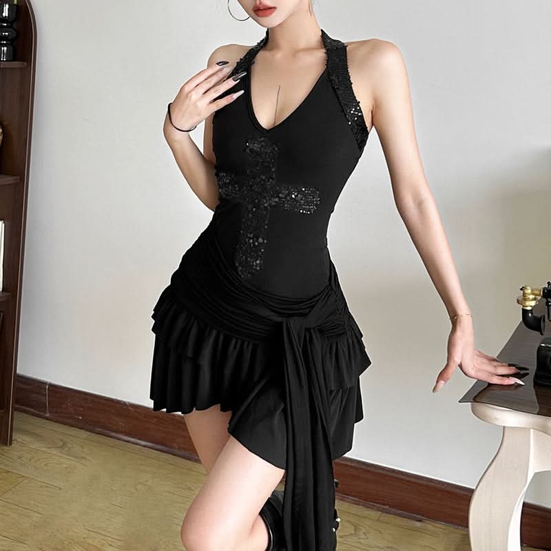Glitter halter self tie v neck solid mini dress  | Festival Outfits Women