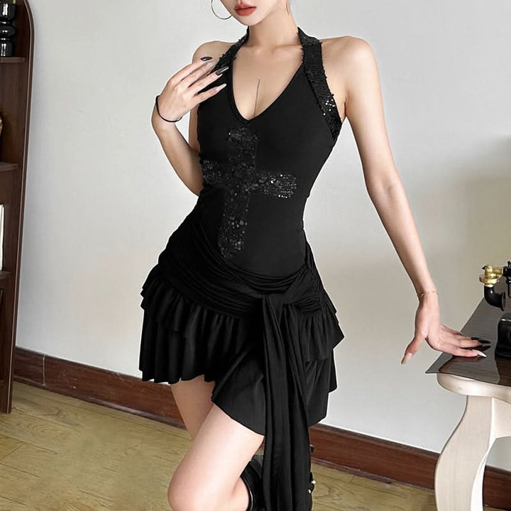 Glitter halter self tie v neck solid mini dress  | Festival Outfits Women