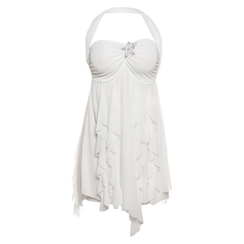 Halter ruched flower print ruffle mini dress  | Festival Outfits Women