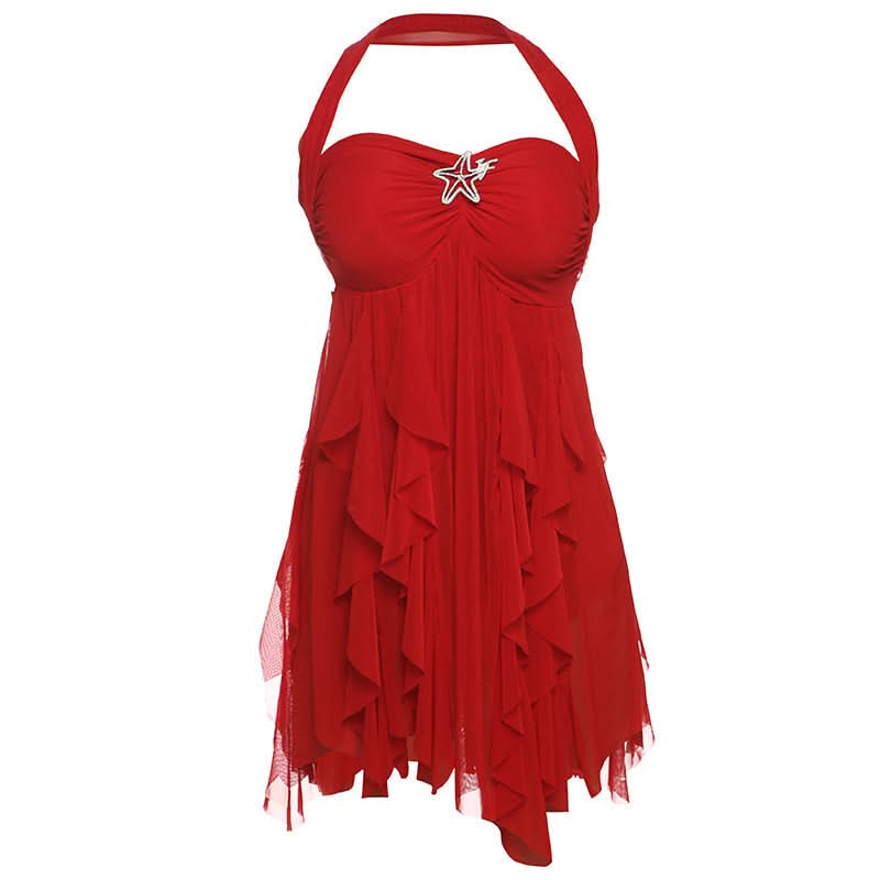 Halter ruched flower print ruffle mini dress  | Festival Outfits Women