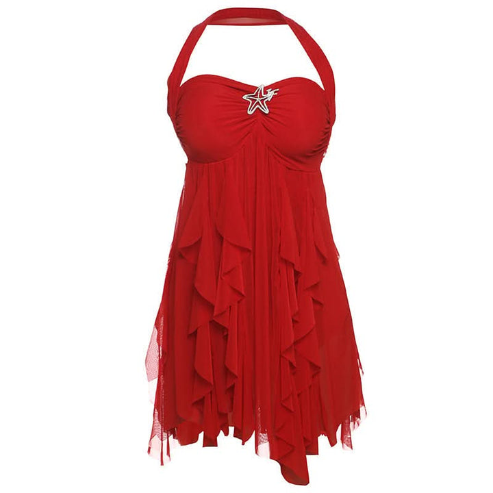 Halter ruched flower print ruffle mini dress  | Festival Outfits Women