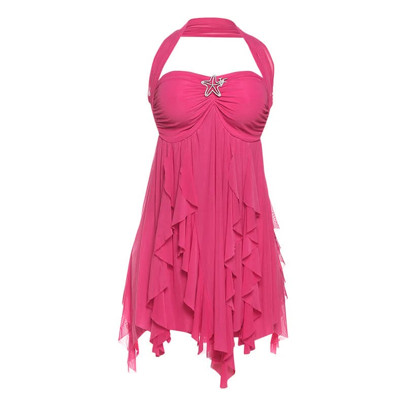 Halter ruched flower print ruffle mini dress  | Festival Outfits Women