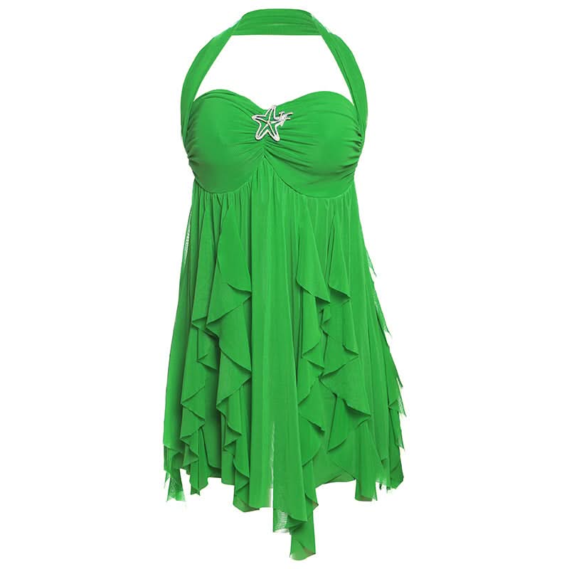 Halter ruched flower print ruffle mini dress  | Festival Outfits Women
