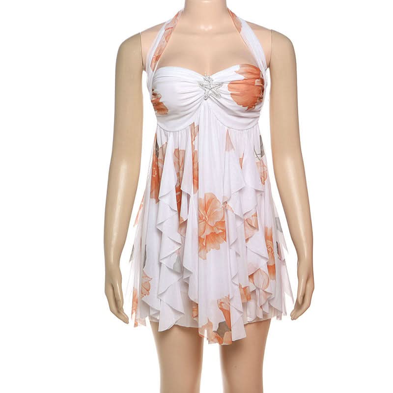 Halter ruched flower print ruffle mini dress  | Festival Outfits Women