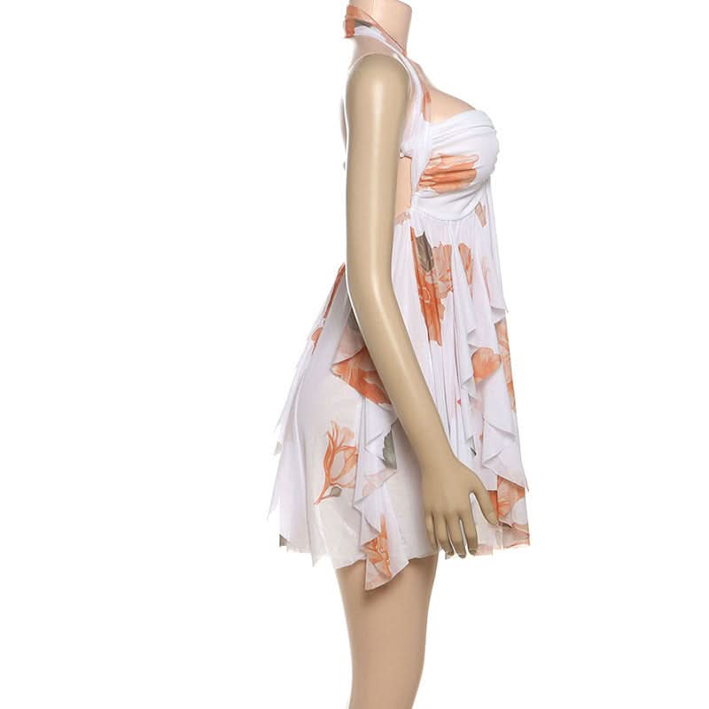 Halter ruched flower print ruffle mini dress  | Festival Outfits Women