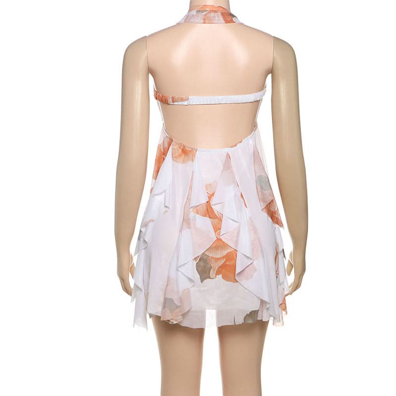 Halter ruched flower print ruffle mini dress  | Festival Outfits Women