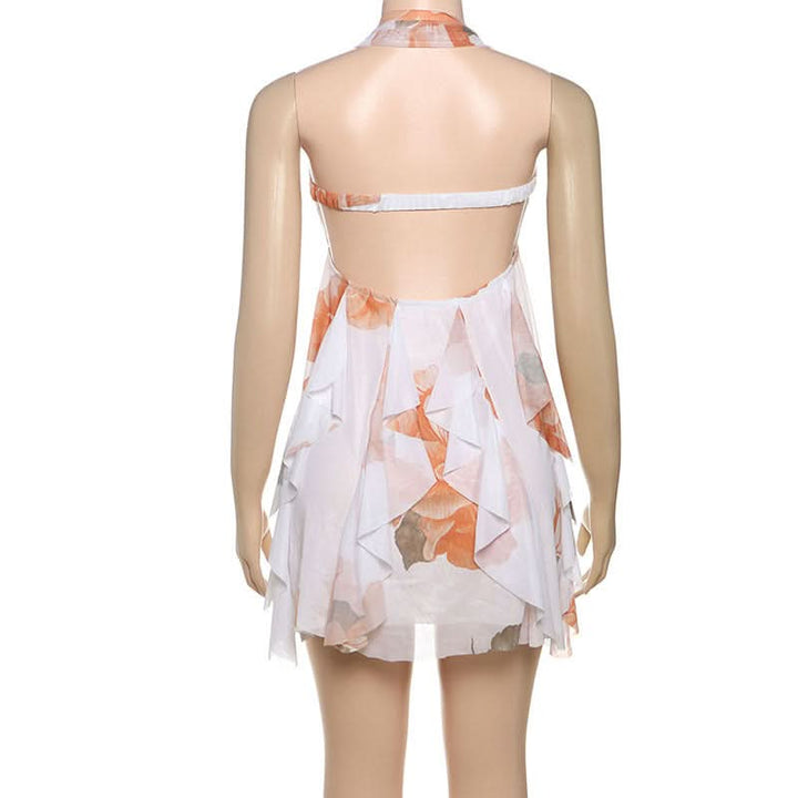 Halter ruched flower print ruffle mini dress  | Festival Outfits Women