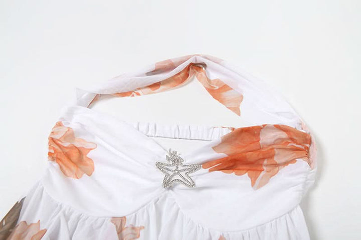 Halter ruched flower print ruffle mini dress  | Festival Outfits Women