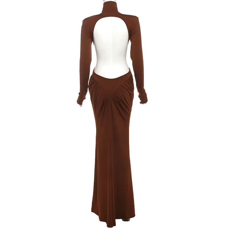 Long sleeve padded ruched high neck maxi dress  | Festival Outfits Women