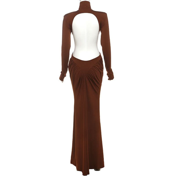 Long sleeve padded ruched high neck maxi dress  | Festival Outfits Women