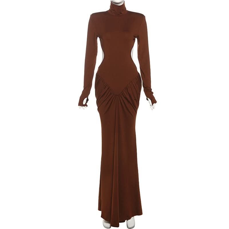 Long sleeve padded ruched high neck maxi dress  | Festival Outfits Women