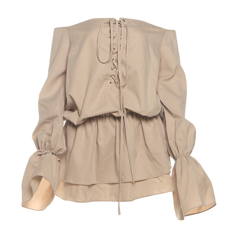 Long flared sleeve off shoulder lace up mini dress  | Festival Outfits Women