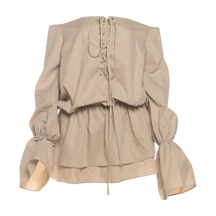 Long flared sleeve off shoulder lace up mini dress  | Festival Outfits Women