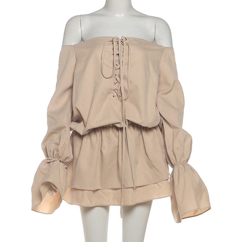 Long flared sleeve off shoulder lace up mini dress  | Festival Outfits Women