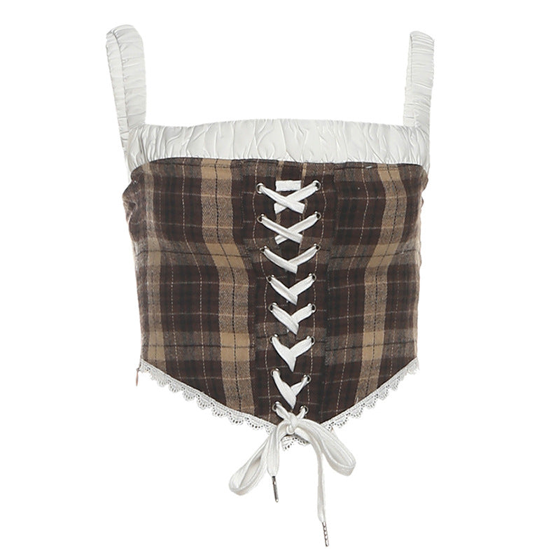 Plaid lace up zip-up cami top  | Festival Outfits Women-final-sale