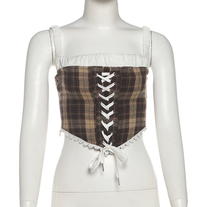 Plaid lace up zip-up cami top  | Festival Outfits Women-final-sale