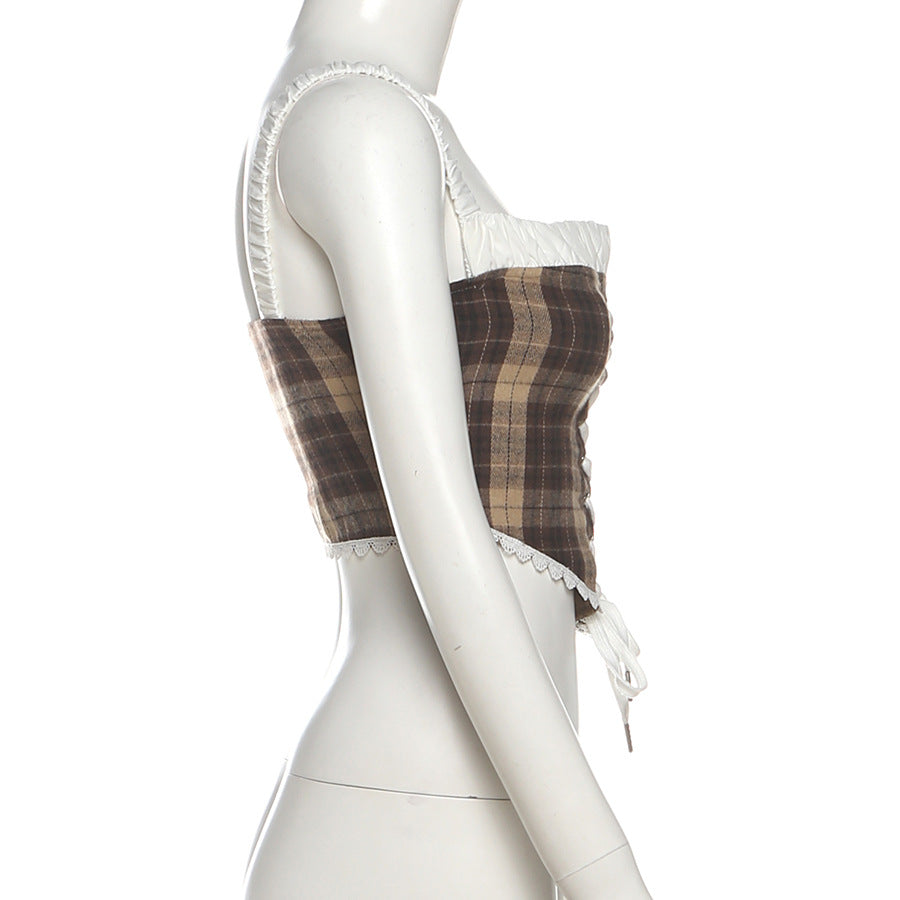 Plaid lace up zip-up cami top  | Festival Outfits Women-final-sale
