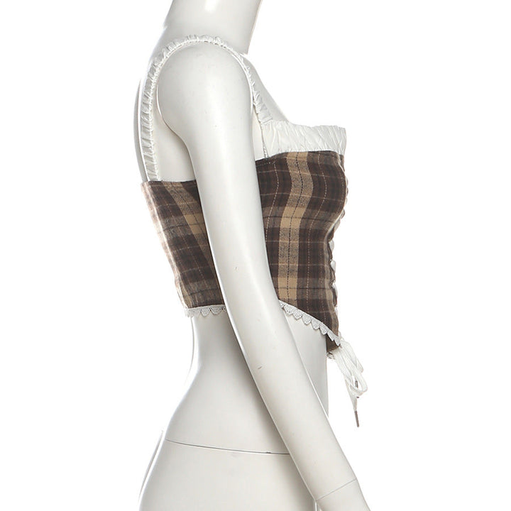 Plaid lace up zip-up cami top  | Festival Outfits Women-final-sale