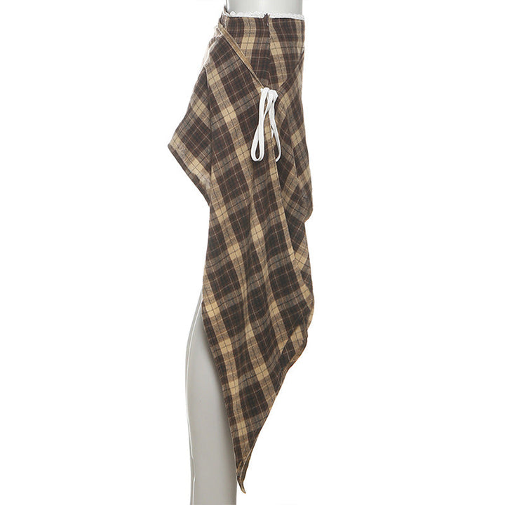 Plaid irregular zip-up lace hem mini skirt  | Festival Outfits Women