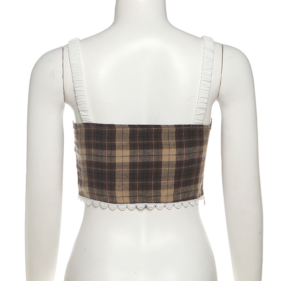 Plaid lace up zip-up cami top  | Festival Outfits Women-final-sale