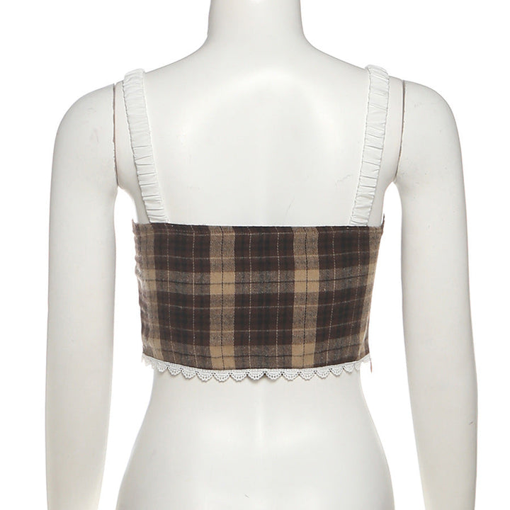 Plaid lace up zip-up cami top  | Festival Outfits Women-final-sale