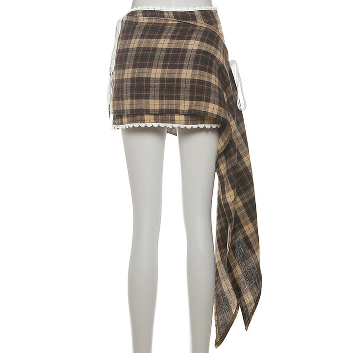 Plaid irregular zip-up lace hem mini skirt  | Festival Outfits Women
