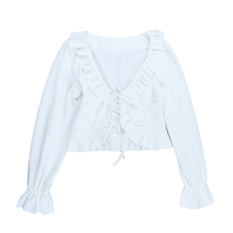 Long flared sleeve v neck ruffle ruched top  | Festival Outfits Women