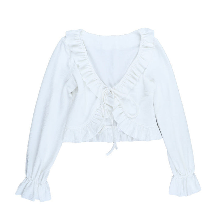 Long flared sleeve v neck ruffle ruched top  | Festival Outfits Women