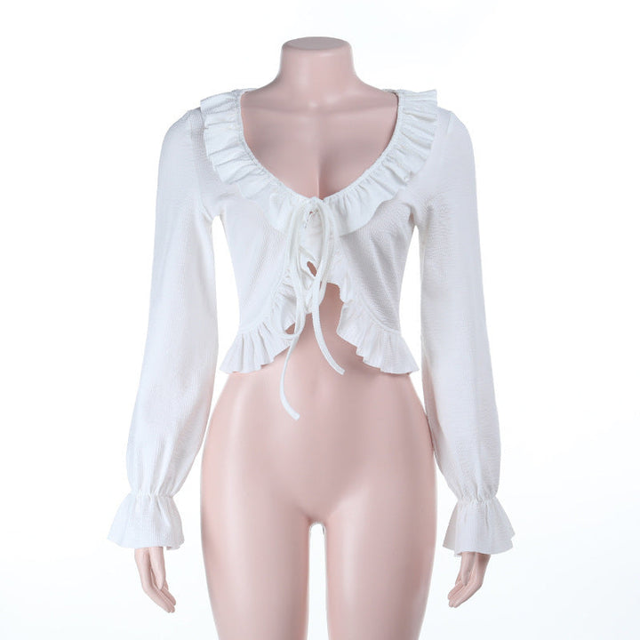 Long flared sleeve v neck ruffle ruched top  | Festival Outfits Women