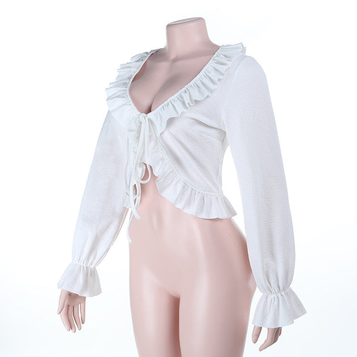 Long flared sleeve v neck ruffle ruched top  | Festival Outfits Women