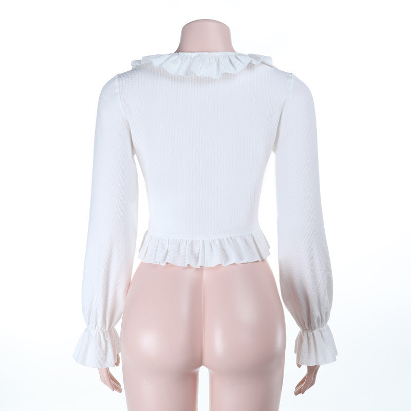 Long flared sleeve v neck ruffle ruched top  | Festival Outfits Women