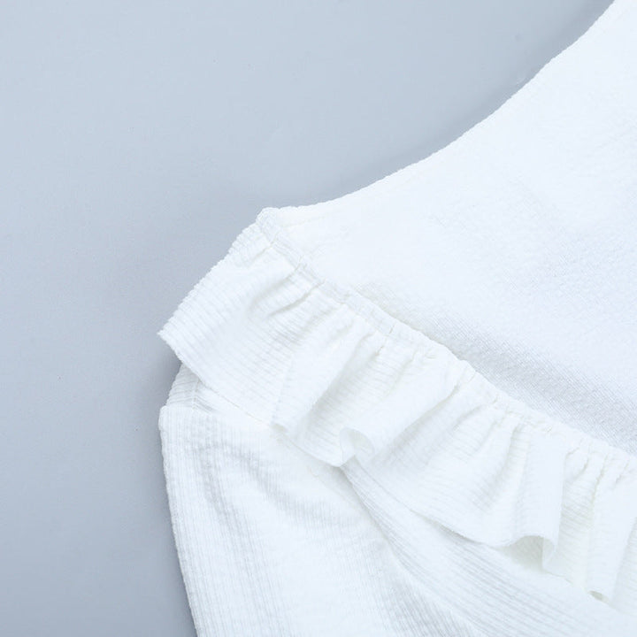 Long flared sleeve v neck ruffle ruched top  | Festival Outfits Women