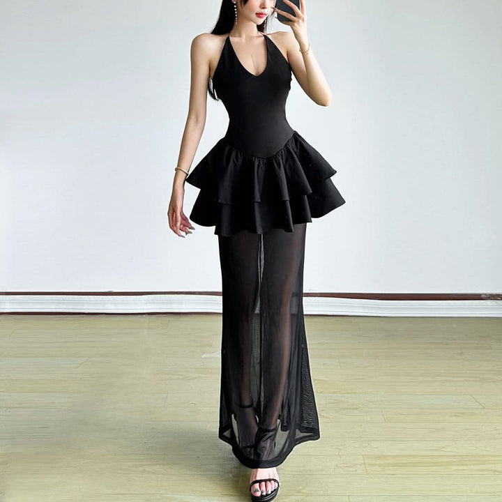 Halter v neck mesh ruffle solid maxi dress  | Festival Outfits Women