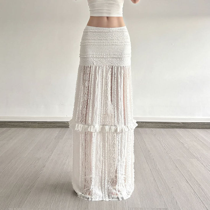 Lace ruffle solid hollow out cut out maxi skirt  | Festival Outfits Women