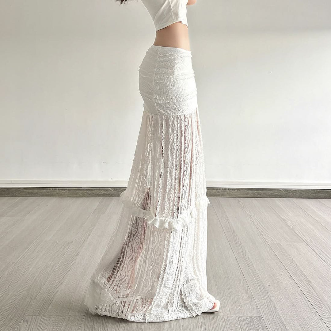Lace ruffle solid hollow out cut out maxi skirt  | Festival Outfits Women