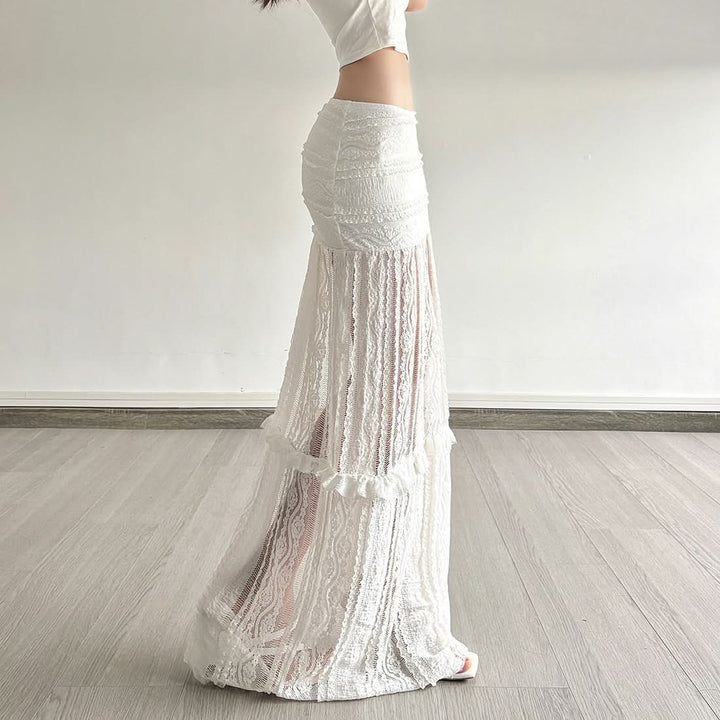 Lace ruffle solid hollow out cut out maxi skirt  | Festival Outfits Women