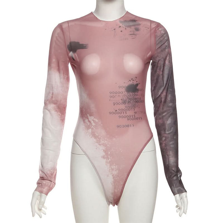 Long sleeve crewneck print sheer mesh bodysuit  | Festival Outfits Women-final-sale