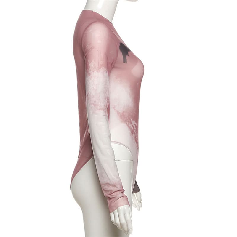Long sleeve crewneck print sheer mesh bodysuit  | Festival Outfits Women-final-sale