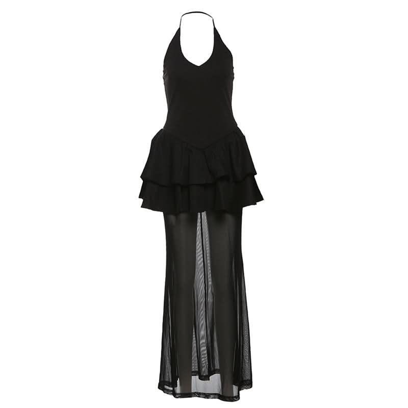 Halter v neck mesh ruffle solid maxi dress  | Festival Outfits Women