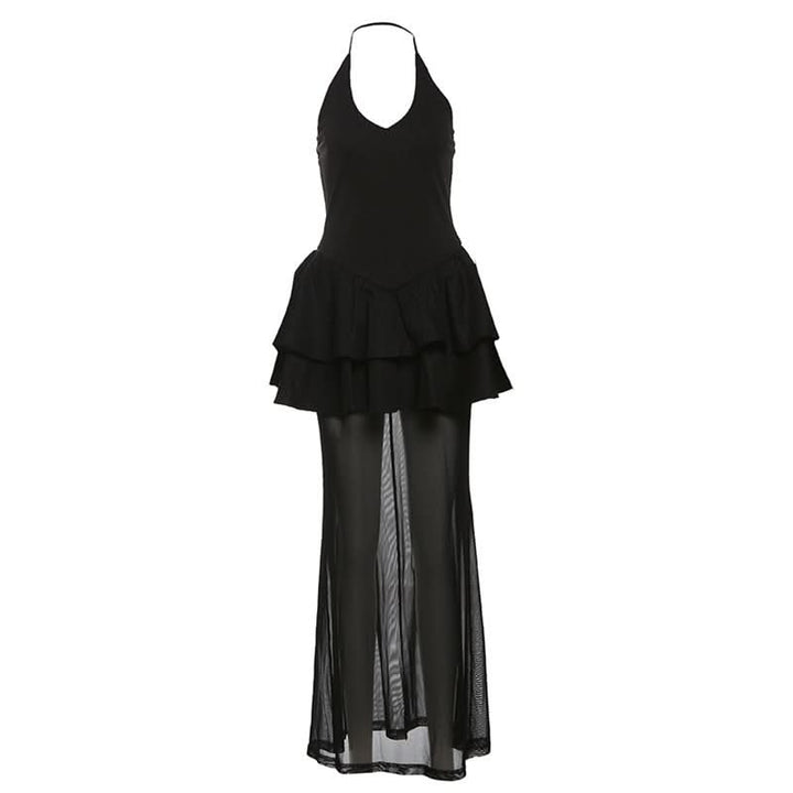 Halter v neck mesh ruffle solid maxi dress  | Festival Outfits Women