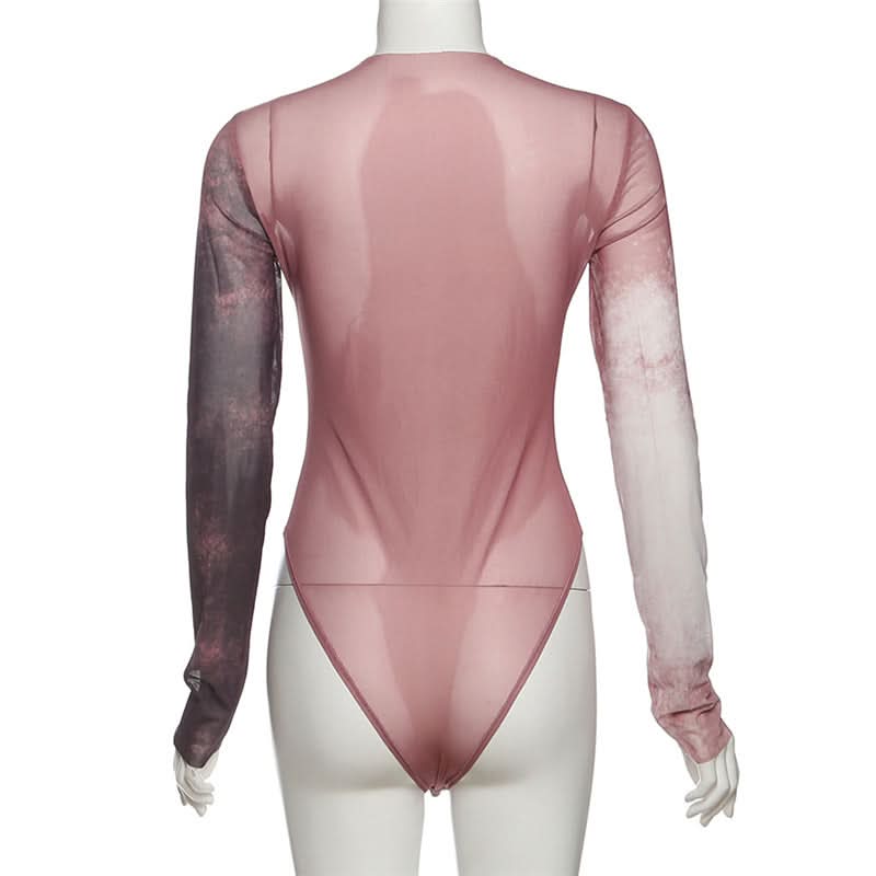 Long sleeve crewneck print sheer mesh bodysuit  | Festival Outfits Women-final-sale